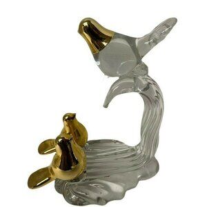 Vintage 3 Gold Doves On A Branch Glass Sculpture Birds 6 1/2"‎ x 5" Clear